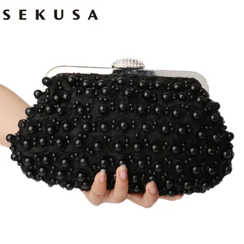 

SEKUSA Beaded women evening bags rose pearl women clutch evening bags with chain shoulder small purse handbags for wedding