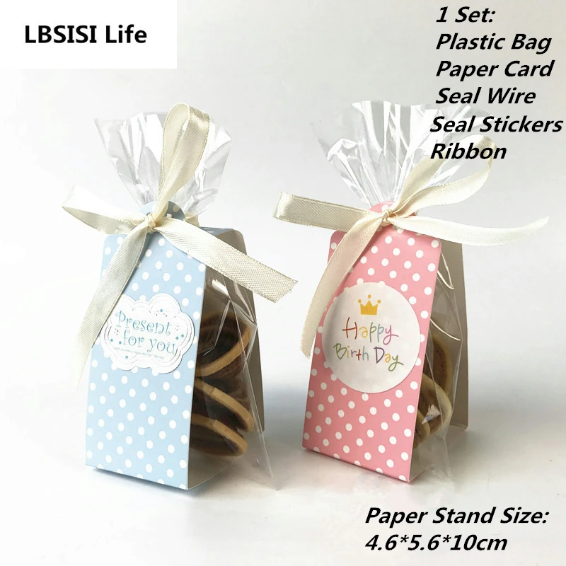 

LBSISI Life 20Sets Cookie Candy Bread Plastic Packing Bags Boxes Pink Blue Dot Clear Party Gift Chocolate Wedding Self Stand Bag