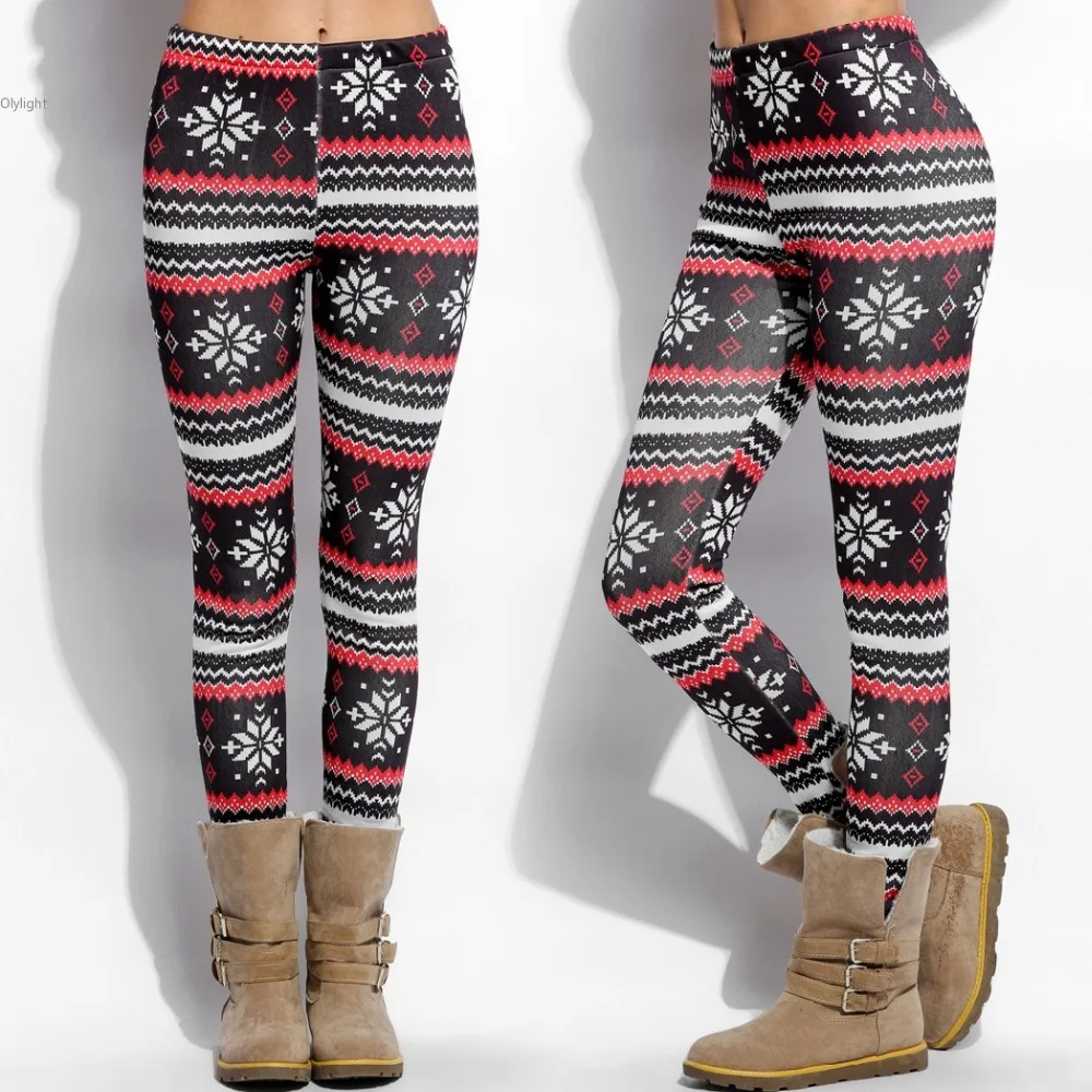 Christmas Leggings Women Snow Print Slim Fleece thicken Leggins Sexy