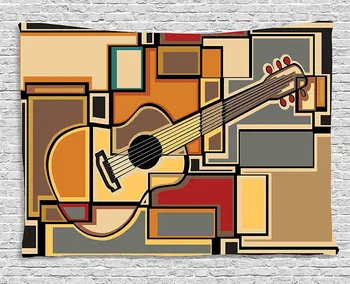

Music Decor Tapestry Funky Fractal Geometric Square Shaped Background with Acoustic Guitar Figure Art, Wall Hanging for Bedroom