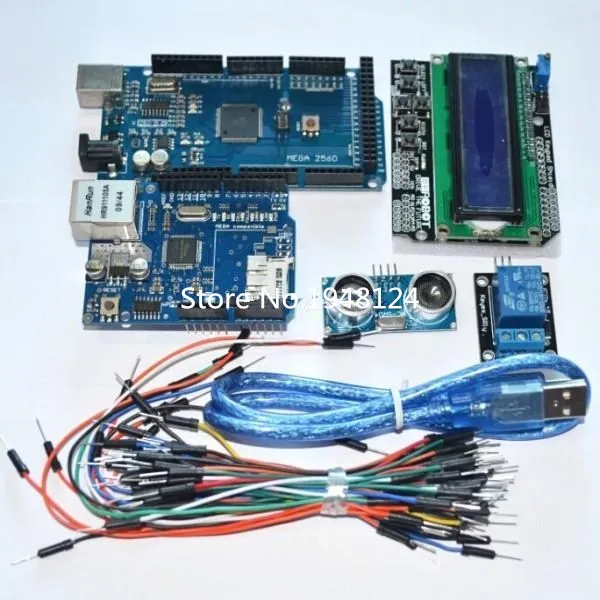 Дешево Бесплатная доставка МЕГА 2560 r3 для arduino комплект + HC SR04 + макетный кабель + релейный модуль + W5100 UNO щит + font b LCD b font 1602 клавиатура Щит