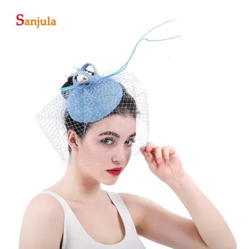 

Blue Linen Hats with Face Veil Bridal Wedding Hair Accessories Pearls Women's Party Hair Decoration gelin aksesuar H47