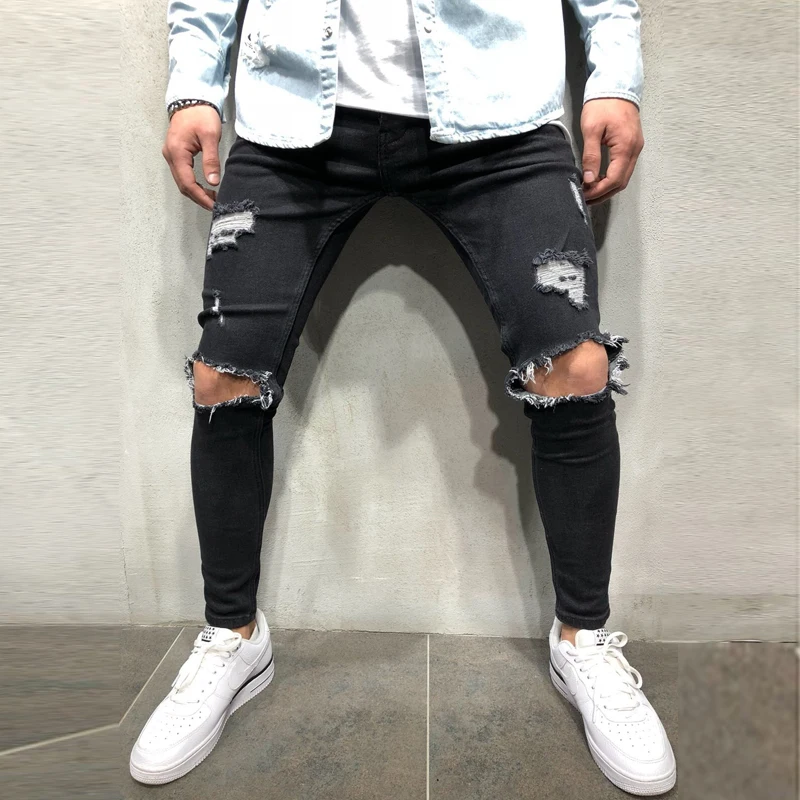 

2019Mens Designer Brand Black Jeans Skinny Ripped Destroyed Stretch Slim Fit Hop Hop Pants With Holes For Men