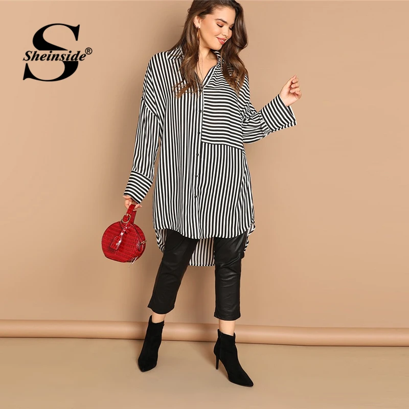 Sheinside زائد حجم النساء بلوزة قطرة الكتف الأسود و الأبيض مخطط طويل قميص السيدات OL العمل أنيقة طويلة الأكمام أعلى البلوزات Sheinside زائد حجم النساء بلوزة قطرة الكتف الأسود و الأبيض مخطط طويل قميص السيدات OL العمل أنيقة طويلة الأكمام أعلى البلوزات