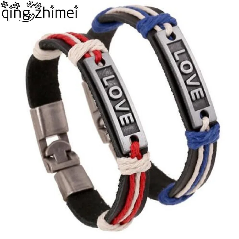 

Wholesale Charm Lovers' Leather Bracelets Initial Letter LOVE Print Cowhide Cuff Bracelet & Bangle For Couple Retro Jewelry