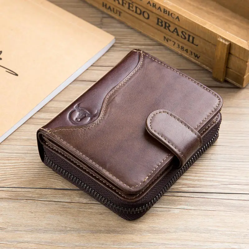 Bullcaptain Cowhide Short Wallet Zipper Coin Bag
