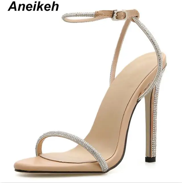 Aneikeh/; выразительные однотонные босоножки из искусственной кожи; женские повседневные туфли на тонком высоком каблуке с круглым носком и пряжкой; цвет черный, абрикосовый; Размеры 35-40 - Цвет: apricot