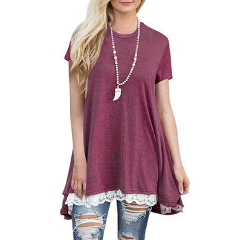 

Fashion Women Loose Asymmetric Style Lace Patchwork T-Shirts Short Sleeve O-neck Casual Tops Ladies Tee Tops Oversize T Shirt