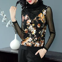 Европа Горячая Новинка осень весна Женская высокая уличная мода свободная водолазка сексуальные с сеточкой в стиле петчворк футболка Женские Элегантные рубашки