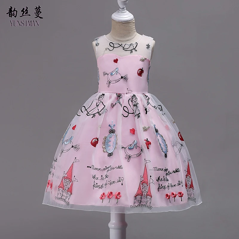 

3-14 Years Girls Dress 8 10 12 to 14 Years Cartoon Letter Embroidered Mesh Dress Girl Fashion clothing kids teens clothes 1T04