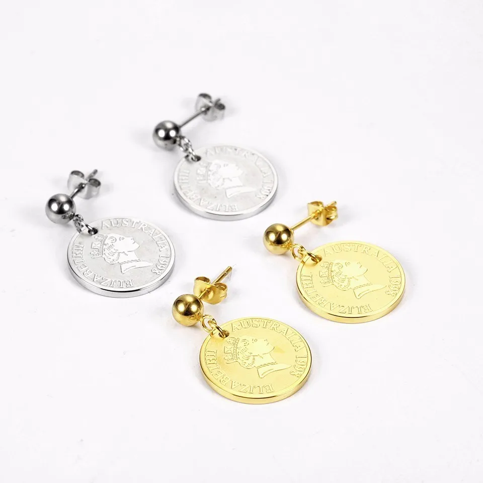 Gold Coin Earrings Queen Elizabeth II Disc Circle Vintage Gold Dangle Earrings for Women Best Mothers Gift British Royal Jewelry