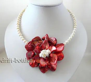 

Handmade 70mm Red Shell Flower White Freshwater Pearl Necklace