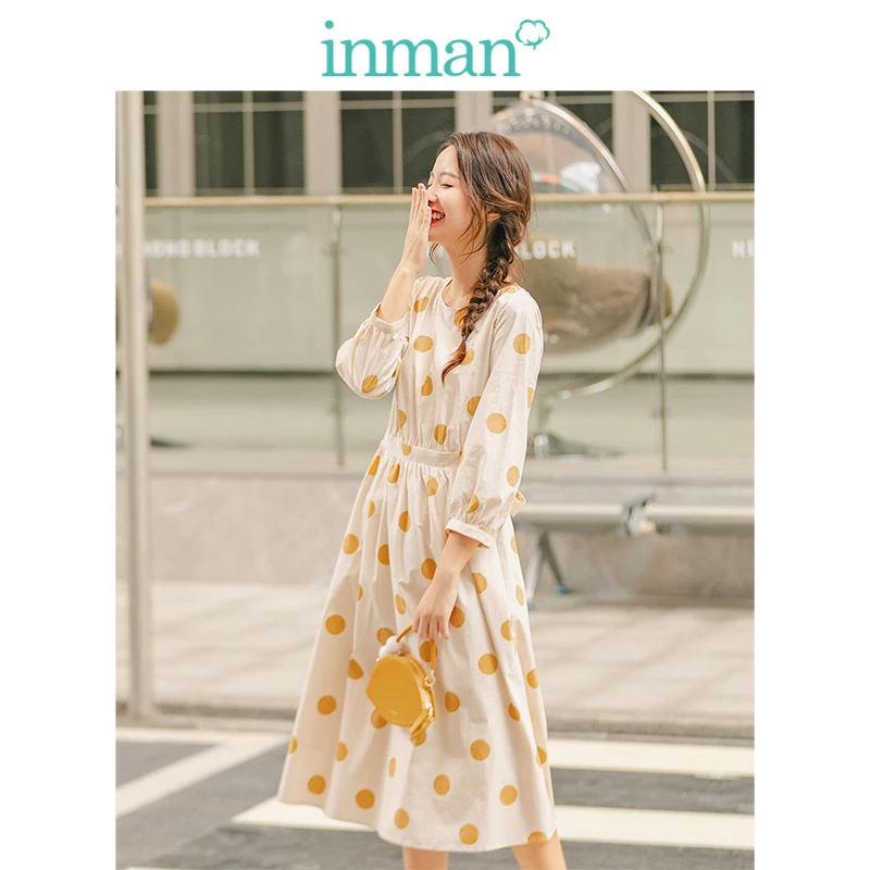 

INMAN 2019 Autumn New Arrival O-neck Three Quarter Sleeve Retro Wave Point Romantic Elegant Women Dress