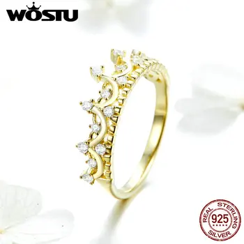 

WOSTU European Style Queen Crown Gold Color Ring 925 Sterling Silver Zircon Finger For Women Wedding Engagement Jewelry FIR493