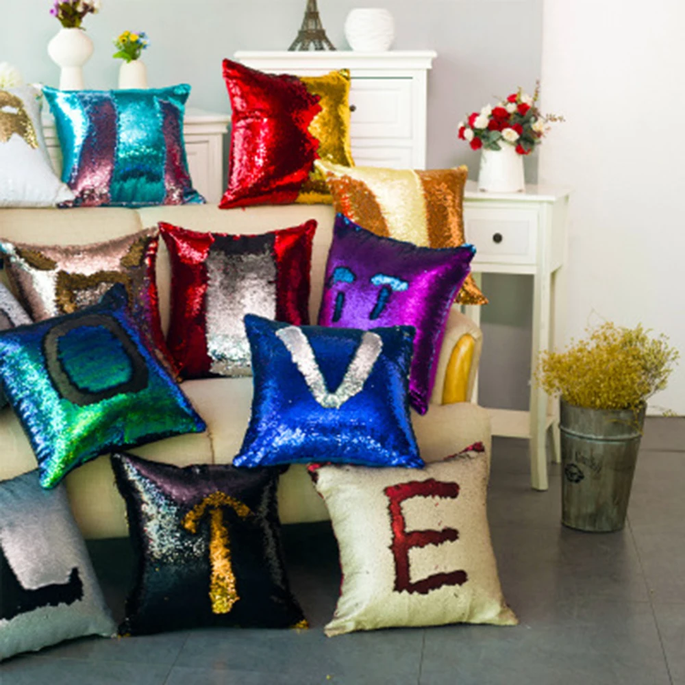 DIY Two Tone Glitter Sequins Throw Pillows Home Decorative PillowCase Cover Reversible Sequin