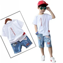Летние комплекты для мальчиков-подростков, детские белые и желтые спортивные костюмы с короткими рукавами+ джинсовые штаны, Детский костюм