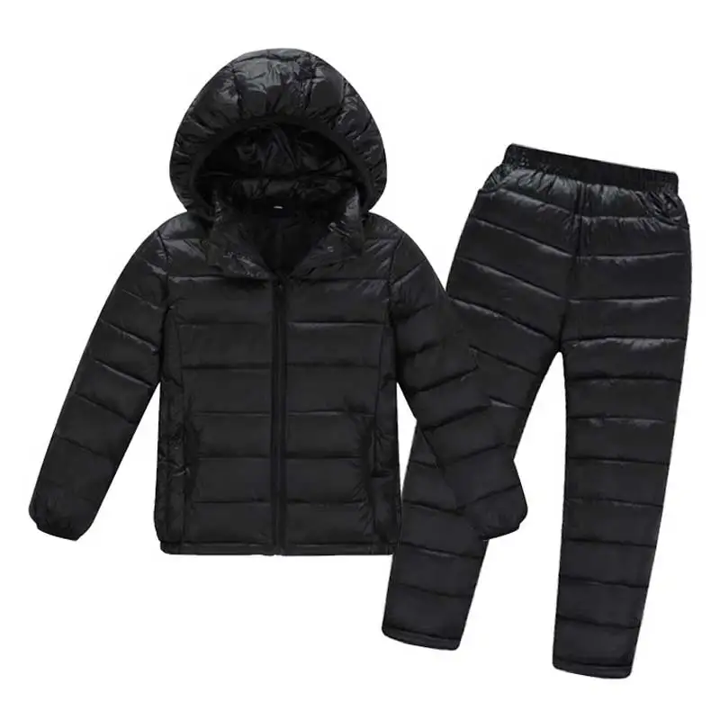 Детский хлопковый комплект спортивной одежды для мальчиков и девочек, зимний утепленный пуховик+ штаны, комбинезон, костюм г. детский зимний комбинезон - Цвет: Черный