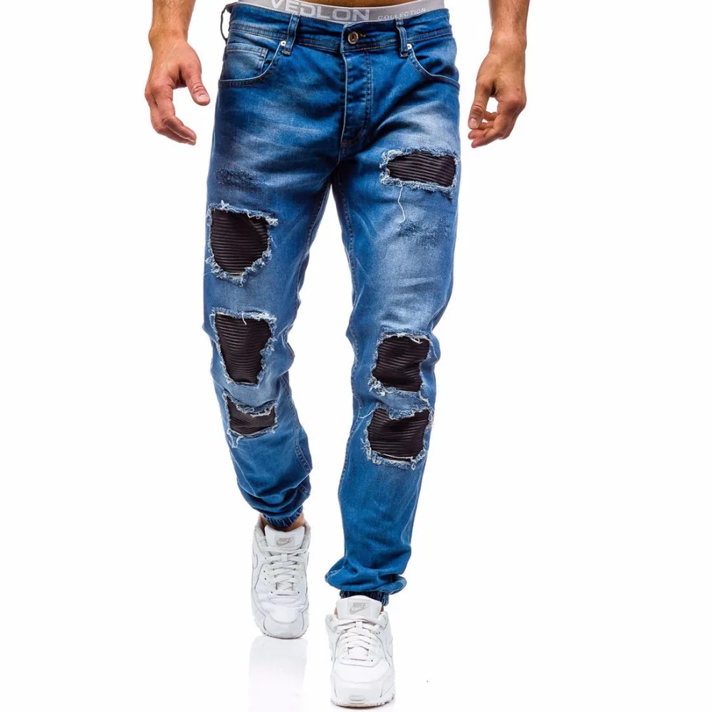 Лидер продаж 2019 года, модные повседневные темно-синие джинсы в стиле хип-хоп, ковбойские узкие джинсы с дырками, мужские джинсы для