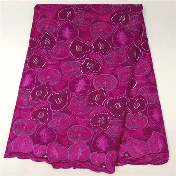 

New Design Nigerian Lace Fabrics Fushia Pink Embroidered Swiss Voile Lace High Quality Swiss Cotton Lace With Stones For Clothes