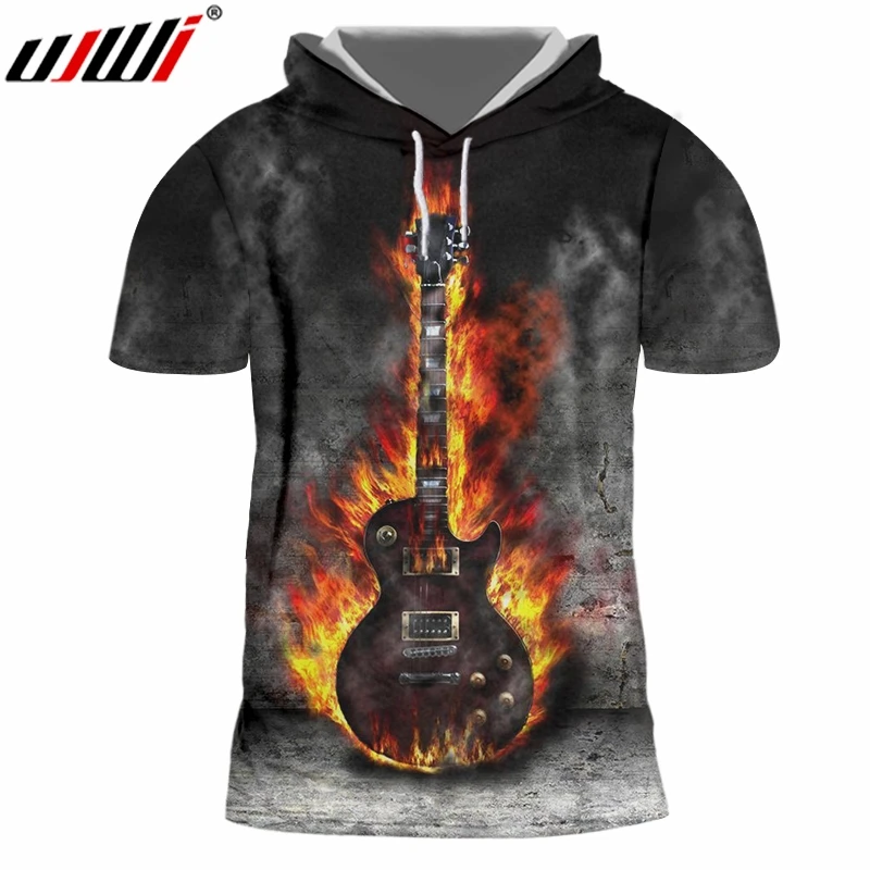 

UJWI Men's New Cool Tee Shirt 3D Printed Creative Flame Guitar Stitching Vortex Clothing Man Spandex Hooded Tshirt Dropshipping