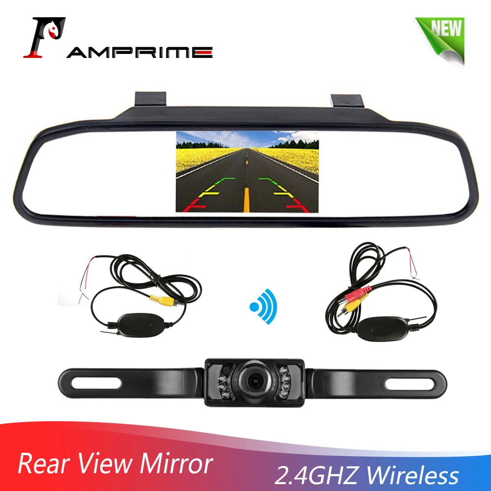 

AMPrime Wireless Reverse Car Rear View Camera HD Video Parking LED Night Vision CCD Waterproof + 4.3"TFT Rearview Mirror Monitor