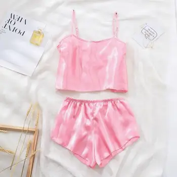 

S-XL Size Women's Sleepwear Sexy Satin Sleepwear Set Solid Slash Neck Pyjamas Sleeveless Cute Cami Top and Short pijama mujer
