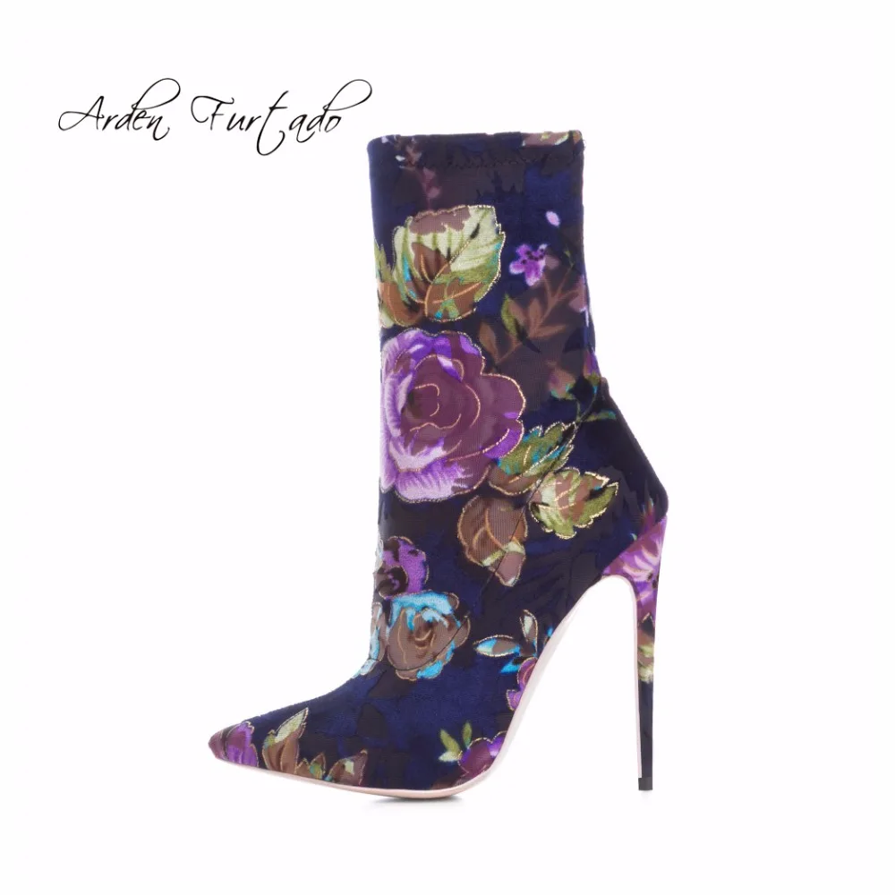 

Arden Furtado 2019 spring high heels flowers short boots sexy stilettos heels stretch ankle boots shoes for woman big size 33-45
