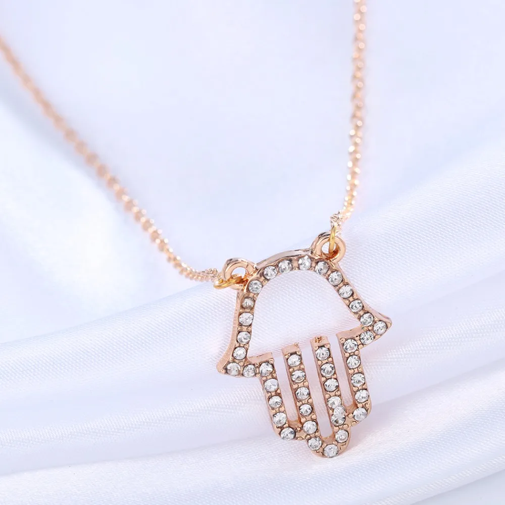 

Chandler Women's Gold Plated Hamsa Hand Necklace Clear White CZ Crystal Gargantilha Chain Torque Wedding Gift Free Shipping