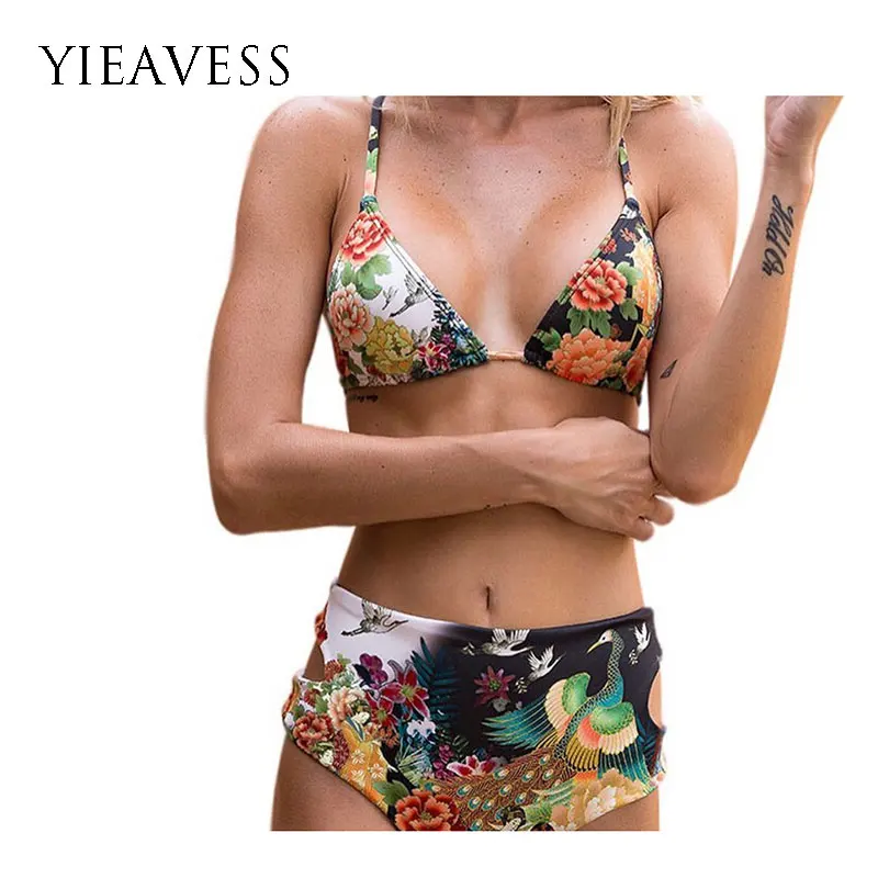 YIEAVESS 2018 Sexy Split Bikini Swimsuit Printed Bandage High Waist Swimwear Women Cut Out Bodysuit Bathing Suits Monokinis | Женская