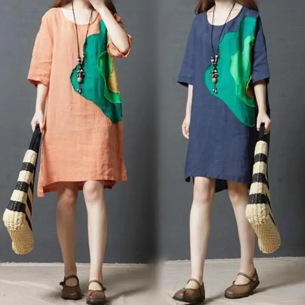 

Summer dresses plus size clothing vintage fluid one-piece dress patchwork applique loose cotton linen female robe