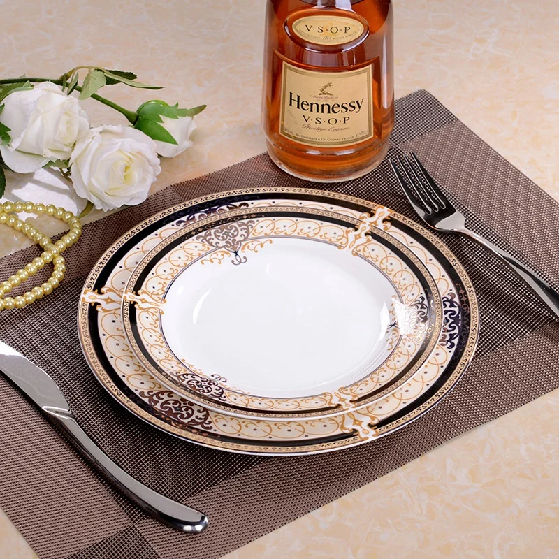 

Europe Porcelain Plate Restaurant Western Dish Steak Plates bone china Dinner Flat Plate Set [2 Dishes+1Placemat +1fork+1knife]