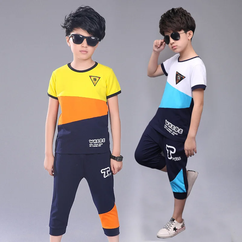 Хлопковая детская спортивная одежда для мальчиков, комплект одежды, летняя футболка с короткими рукавами и надписью, штаны, костюм для подростка, 2 предмета, повседневная детская одежда