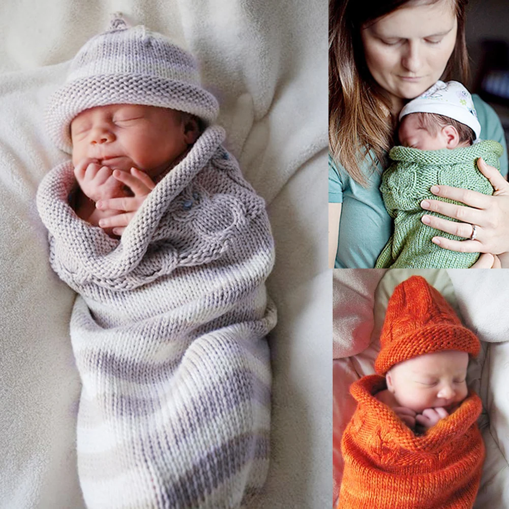 

Cotton Soft Baby Sleeping Bags Toddler Swaddle Wrap Blankets Cotton Knitting Envelope for Newborn Stroller Footmuff Fringe+Hat