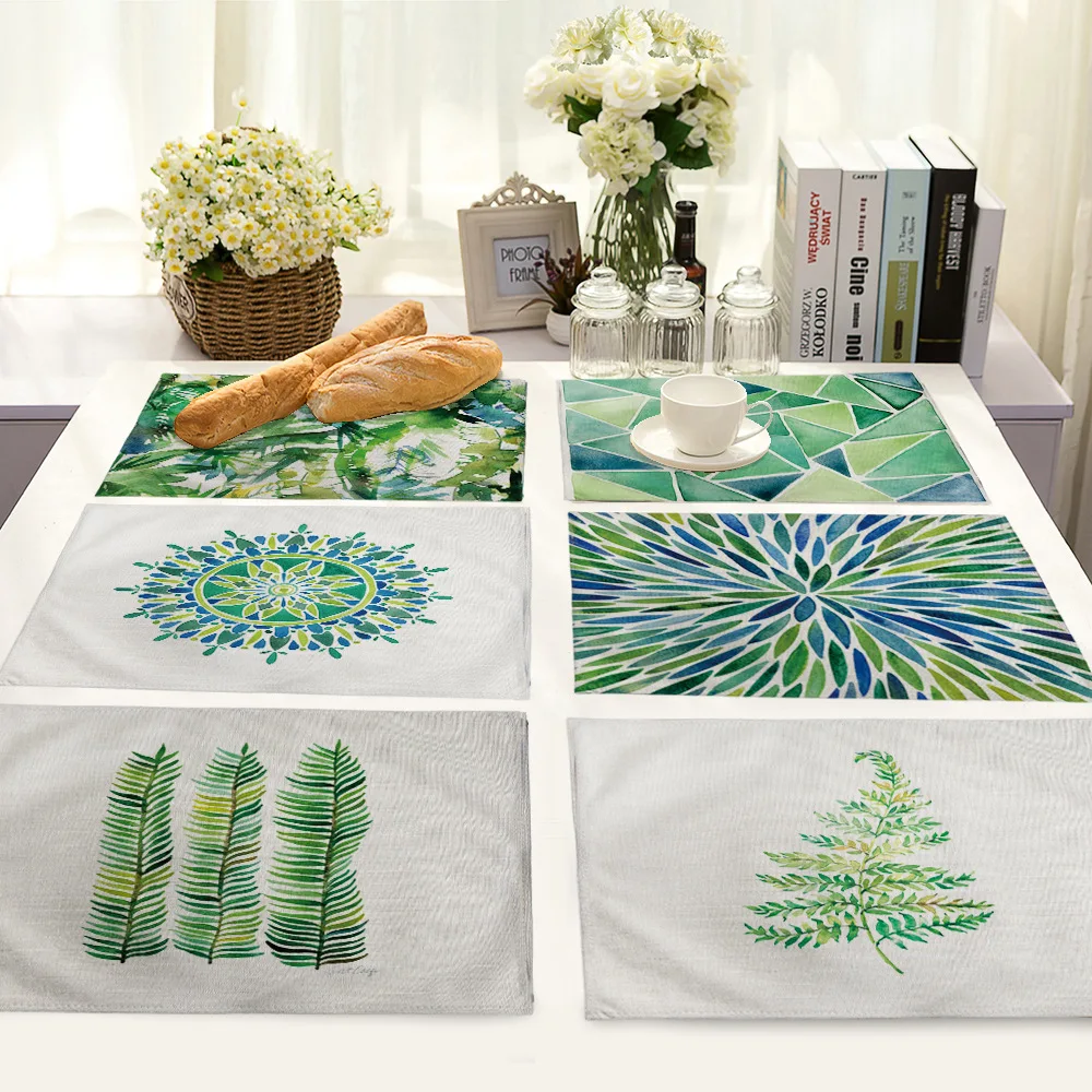 

Plant Green Leaf Printing Placemat Rectangle Linen Table Mats for Dining Table Nordic Style Kitchen Table Mat Drink Coasters