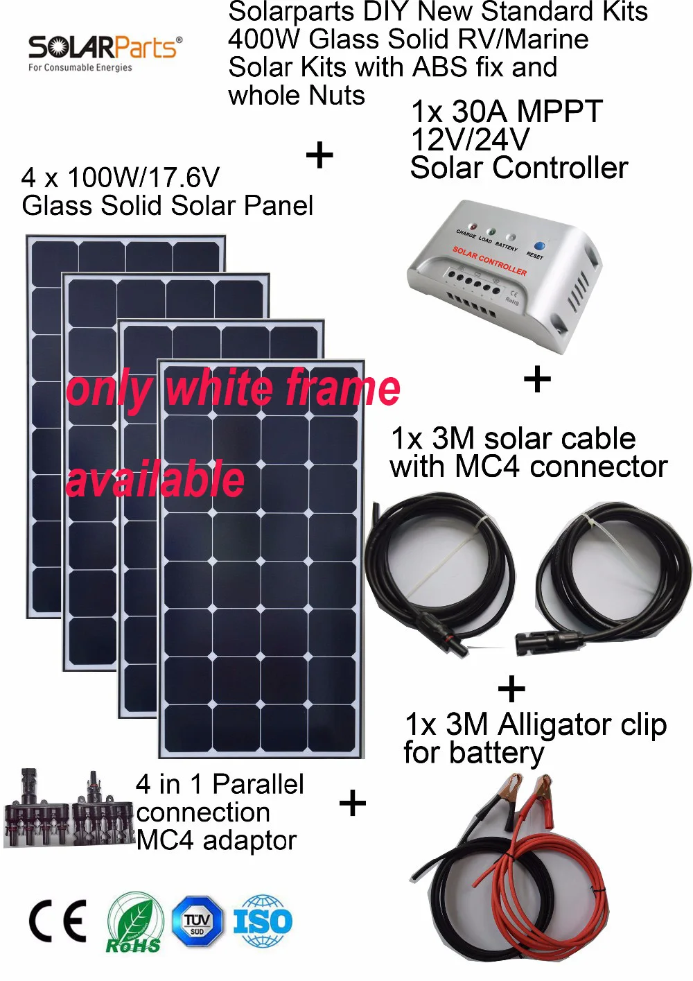 Solarparts 4x100W Monocrystalline Solar Module Sunpower LED light outdoor solar panel cell system DIY kits RV marine home camp .