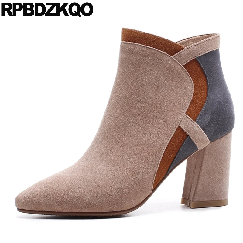 

Short High Heel Luxury Shoes Fur Genuine Leather Brand Women Winter Boots Chunky Suede Pointed Toe Patchwork Ankle Sexy Pink