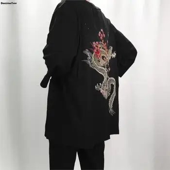 

2020 linen kimono jackets men ethnic cotton linen jackets cherry dragon embroidery chiffon sun protection women clothing