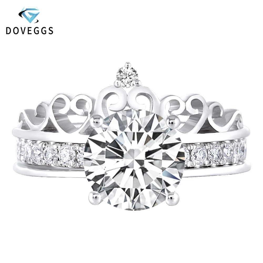 

DovEggs Crown Shaped 14K White Gold Center 3ct Carat 9mm F Color Moissanite Engagement Ring For Women Wedding Bridal Ring Sets