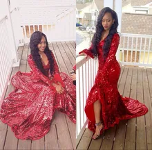 2017 Sexy Luxuxbling Sparkle Prom Kleider Meerjungfrau Red V-ausschnitt Mit Langen Ärmeln Pailletten Spitze Seitenschlitz Formale Abend-partei-kleider