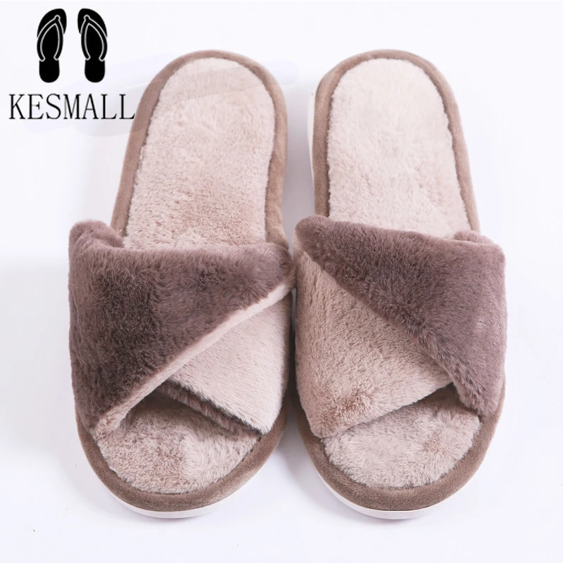 

KESMALL Winter Warm Fur Slippers For Men Shoes 2018 Fashion Lovers Indoor Slippers Flat Plush Floor Soft Mules Home Slippers