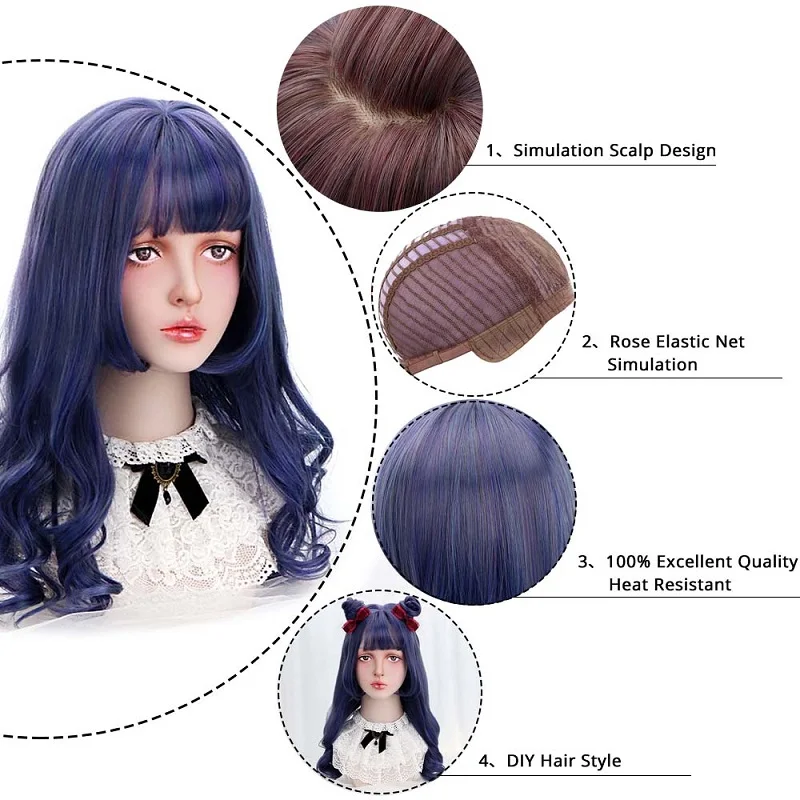 2" синтетические волосы синие длинные волны Лолита парики с челкой косплей вечерние парики для женщин Япония Харадзюку Лолита Парики термостойкие