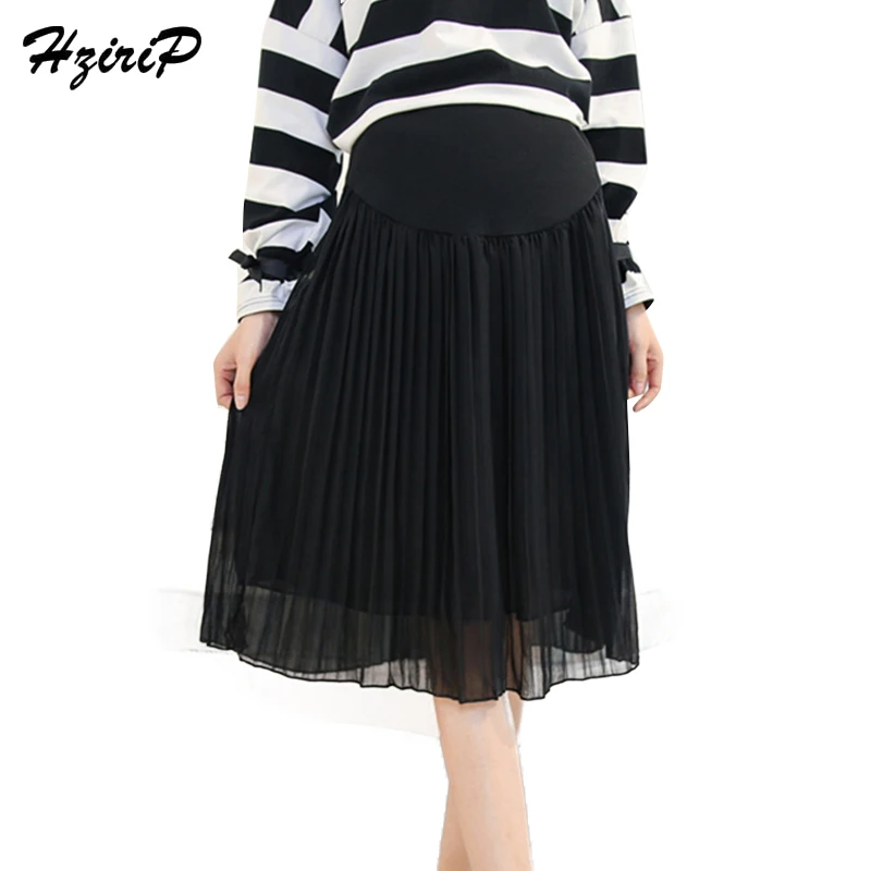

HziriP Maternity Skirts New 2018 Spring Fashion Chiffon Care Belly A-Line Pleated Skirt High Waist Black&Gray Pregnancy Clothes