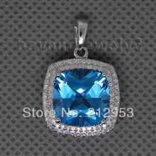 Природный Голубой топаз подвески подушки 12 мм в твердой 14Kt белого золота 2T018