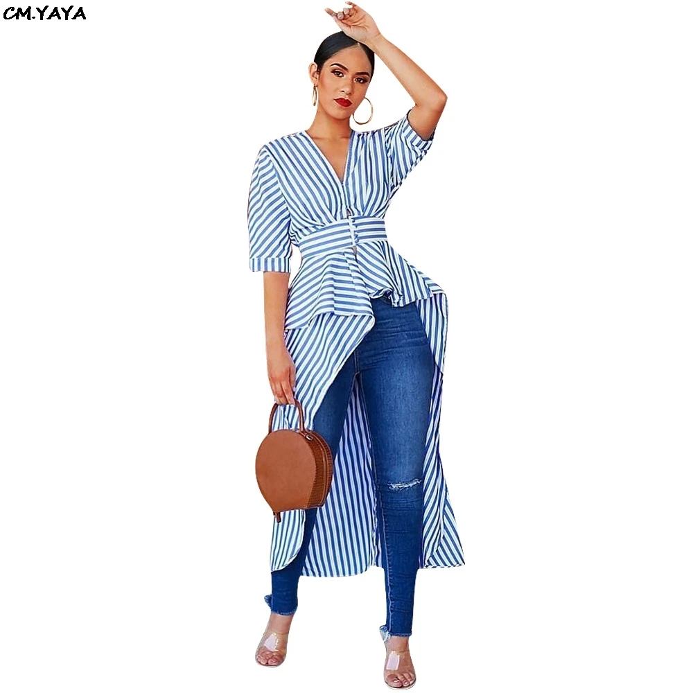 

2019 new women striped half length sleeve v-neck irregular cocktail maxi blouses & shirts active wear fashion long dress J6073