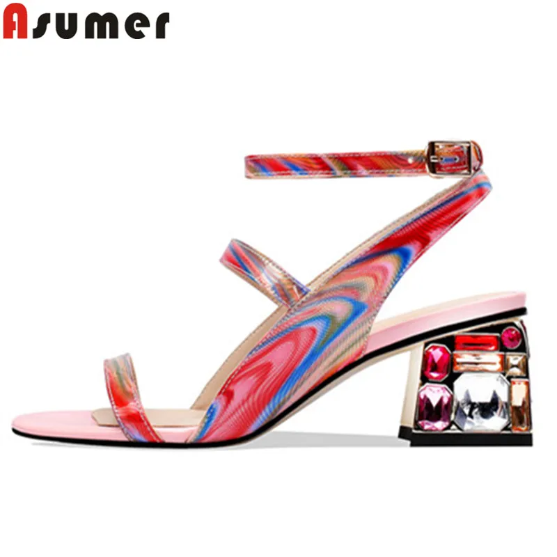

ASUMER size 34-41 new genuine leather shoes women buckle summer sandals crystal square high heels shoes prom wedding sandals
