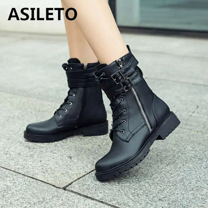 

ASILETO ankle boots women platform low heels ladies riding motocross boot zipper cross tied Gothic buckle size 43 winter botas