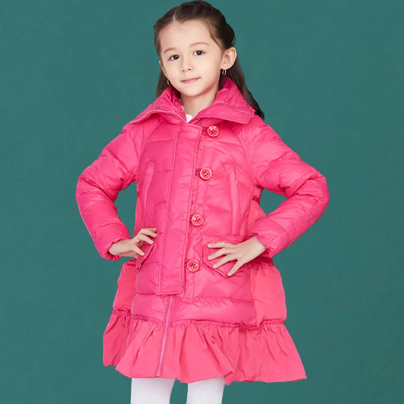 

Girls Winter Down Parkas Jackets 2018 New Brand Filling Amount 80% White Duck Down Hooded Ruffled For Kids Outwear Clothes 3-12Y