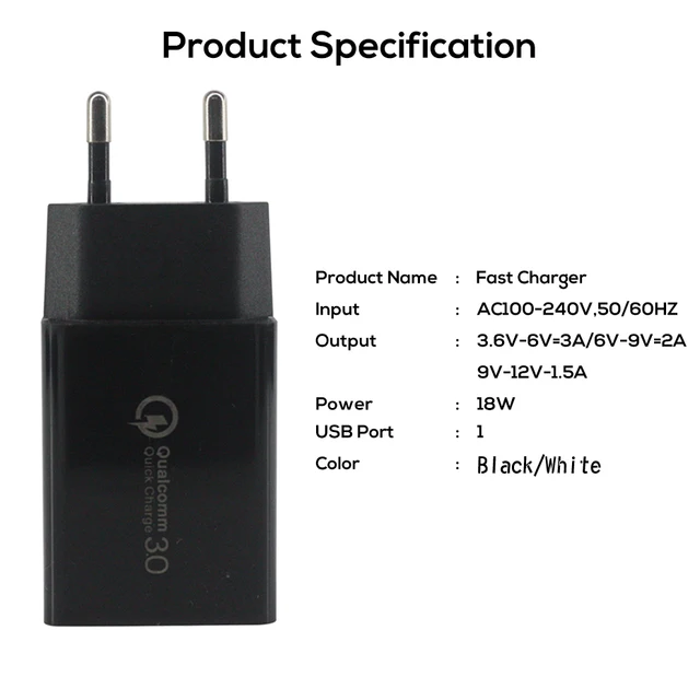 AIXXCO 18W Quick Charge 3.0 Fast Mobile Phone Charger EU Plug Wall One USB Charger Adapter