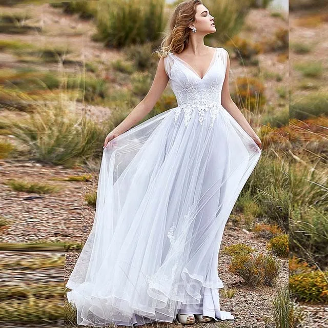 

2019 Sexy Appliques V Neck Soft Tulle Illusion Beach Bridal Gown Backless Wedding Dresses Vestidos de Noivas Custom
