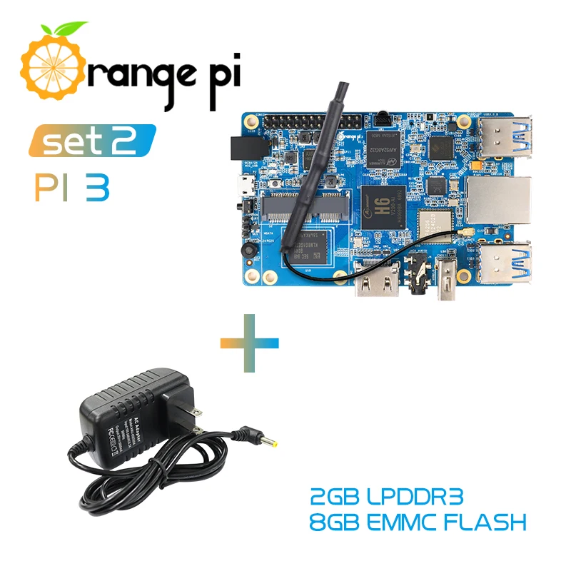 

Orange Pi 3 Set2: OPI 3+ Power Supply, H6 2GB LPDDR3 + 8GB EMMC Flash Gigabyte AP6256 BT5.0 Support Android 7.0, Ubuntu, Debian